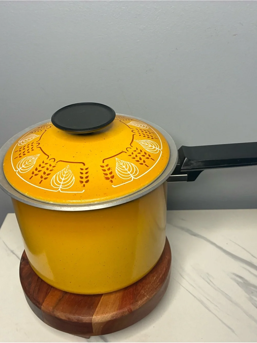 Harvest Gold Aluminum Saucepan With Lid Wheat Leaf Pattern Vintage 1970s